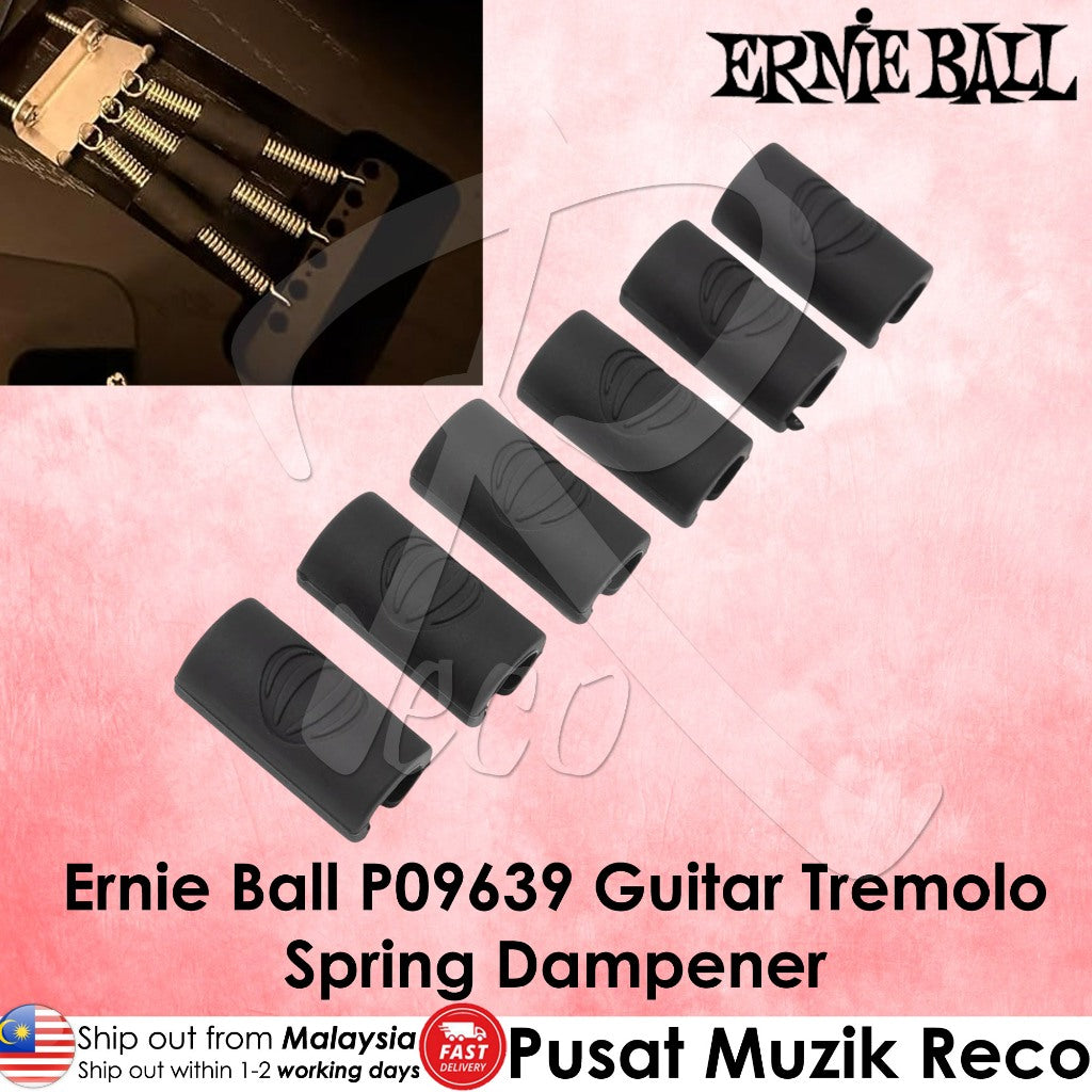 Five black Ernie Ball guitar tremolo spring dampeners arranged diagonally on a pink textured background, with an inset photo of a guitar tailpiece and text reading 'Ernie Ball P09639 Guitar Tremolo Spring Dampener' and 'Pusat Muzik Reco'.
