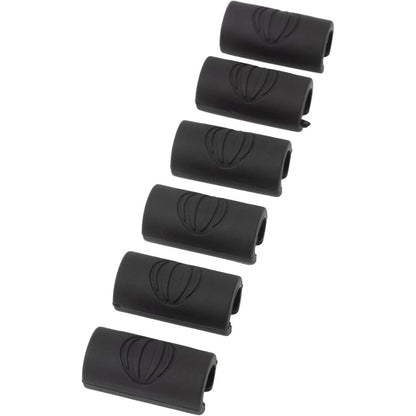 Six black rubber handlebar grips arranged diagonally on a plain white background.