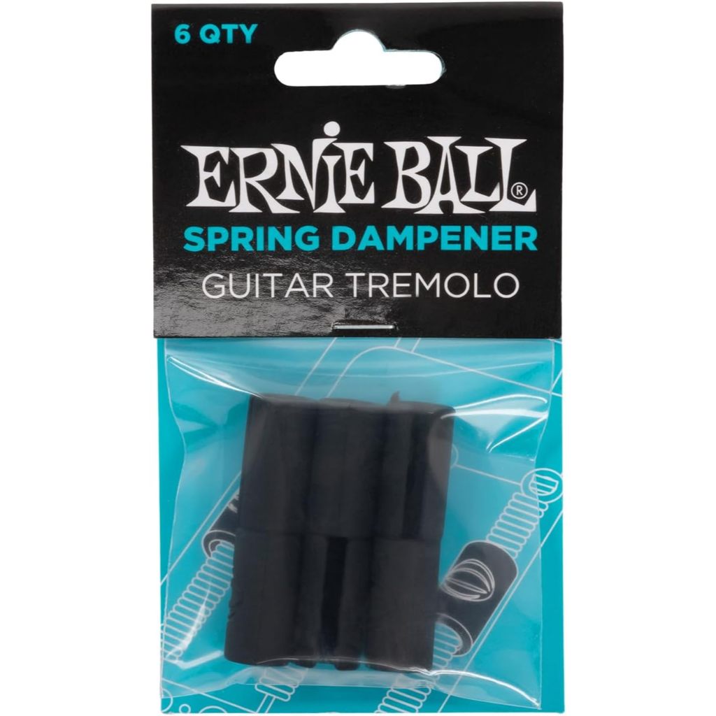 Ernie Ball Spring Dampener Guitar Tremolo hardware in its original retail packaging, containing six black rubber dampeners visible through a clear plastic window on a black and blue card.