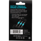 Back of a black retail package for a guitar tremolo spring dampener, with blue text, product description, installation instructions, a line drawing of the product, barcode, and Ernie Ball branding.