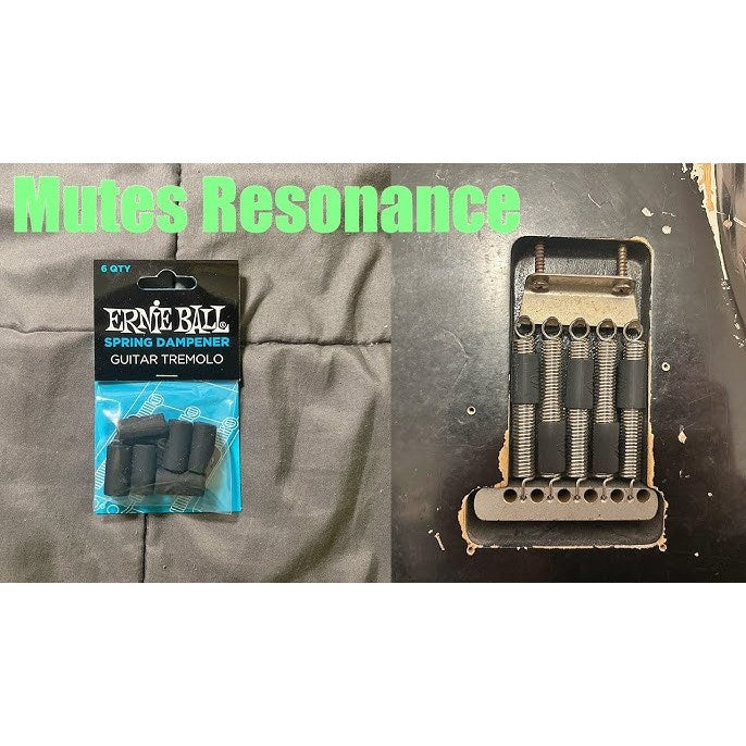 Ernie Ball Spring & Damper Guitar Tremolo set, showing the retail packaging on the left and the installed hardware on a guitar bridge on the right, with a green text overlay reading 'Mutes Resonance'.