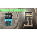 Ernie Ball Spring & Damper Guitar Tremolo set, showing the retail packaging on the left and the installed hardware on a guitar bridge on the right, with a green text overlay reading 'Mutes Resonance'.