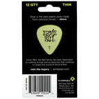 Ernie Ball Thin glow-in-the-dark cellulose nitrate guitar picks on black retail backing card, showing a single pale yellow-green pick with the Ernie Ball logo.