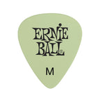 A light sage green Ernie Ball guitar pick with black printed lettering and a size 'M' mark, centered on a plain white background.