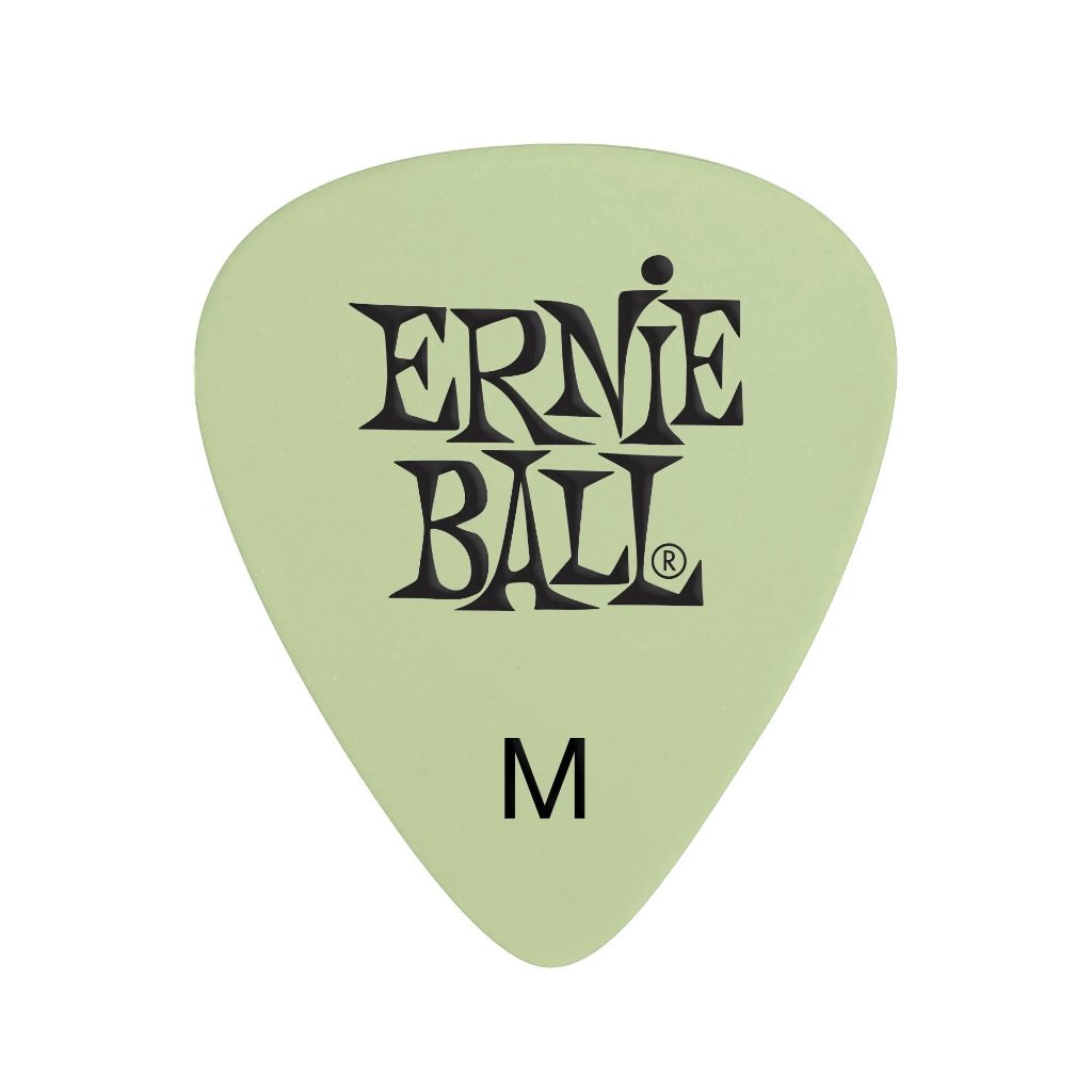 A light sage green Ernie Ball guitar pick with black printed lettering and a size 'M' mark, centered on a plain white background.