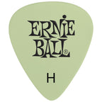 A single Ernie Ball H-shaped guitar pick in a light sage green color with black printed brand lettering and an 'H' size indicator, shown on a plain white background.