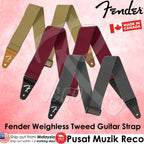 Three Fender WeighLess Comfort Elastic Guitar Straps in tweed design, displayed in different colors.