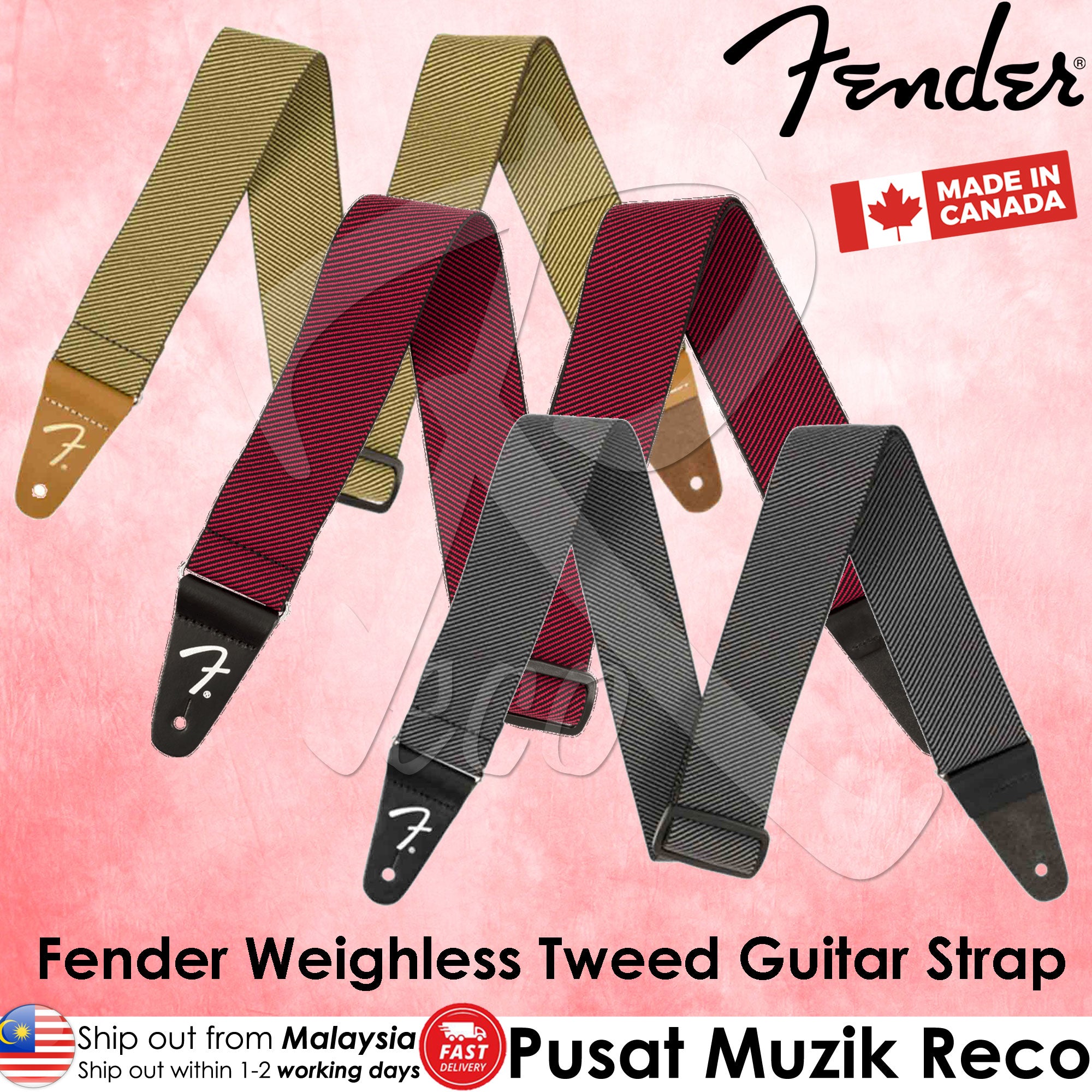 Three Fender WeighLess Comfort Elastic Guitar Straps in tweed design, displayed in different colors.