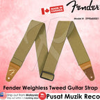 Three Fender WeighLess Comfort Elastic Guitar Straps in tweed design, displayed in different colors.