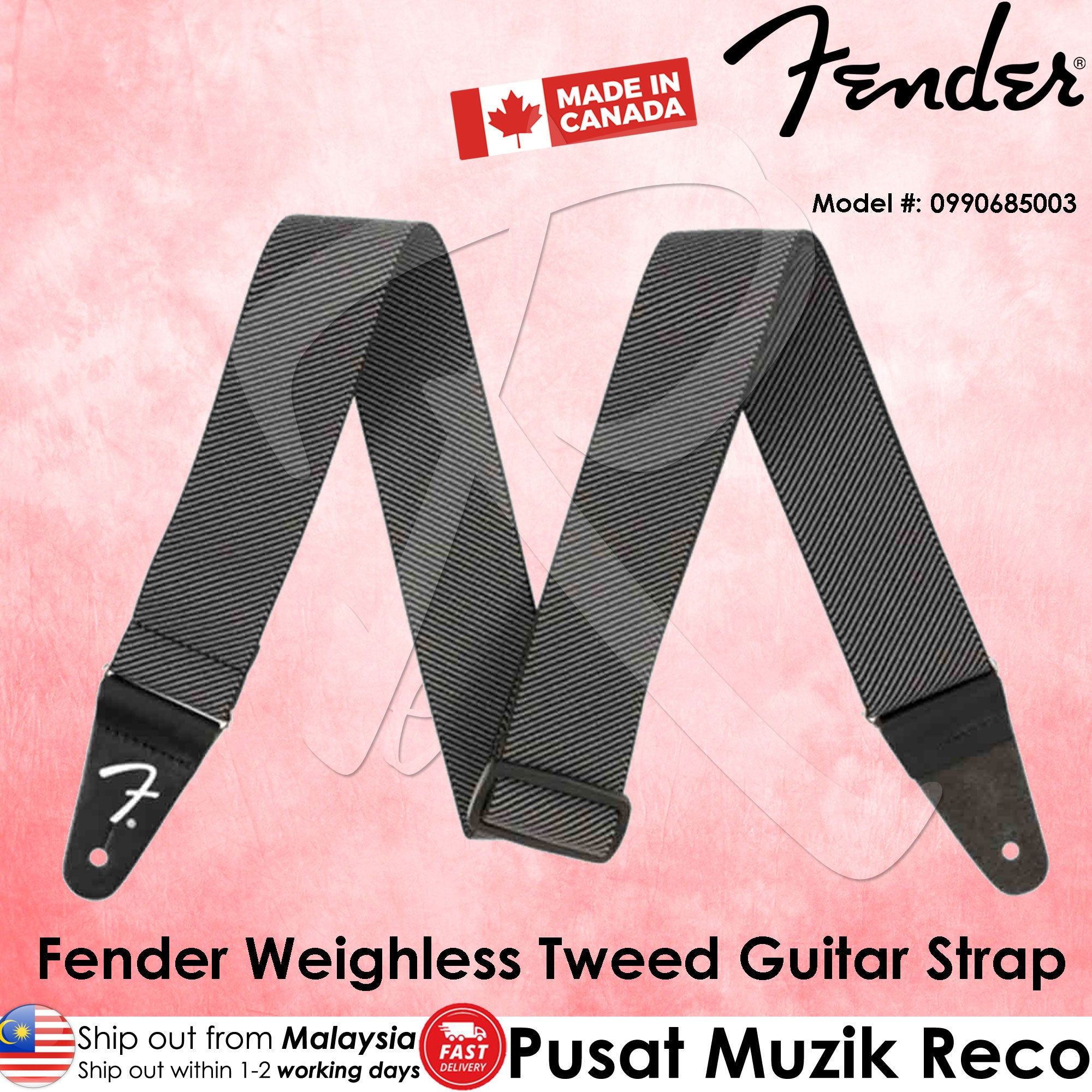 Three Fender WeighLess Comfort Elastic Guitar Straps in tweed design, displayed in different colors.