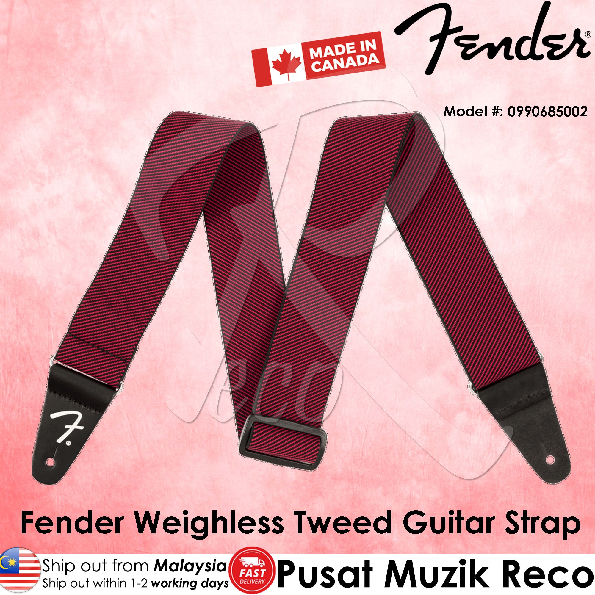 Three Fender WeighLess Comfort Elastic Guitar Straps in tweed design, displayed in different colors.
