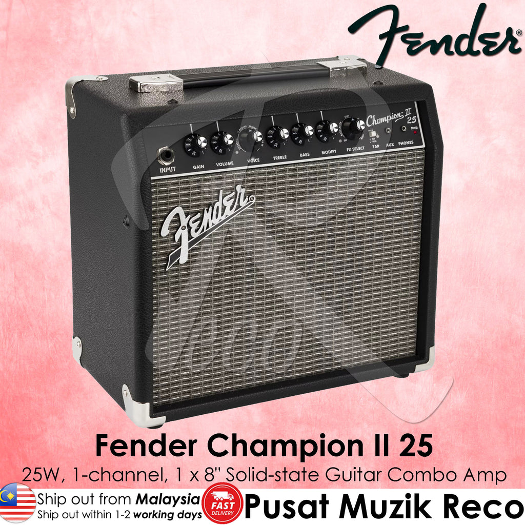 Fender Champion II 25 guitar combo amplifier on a pink background
