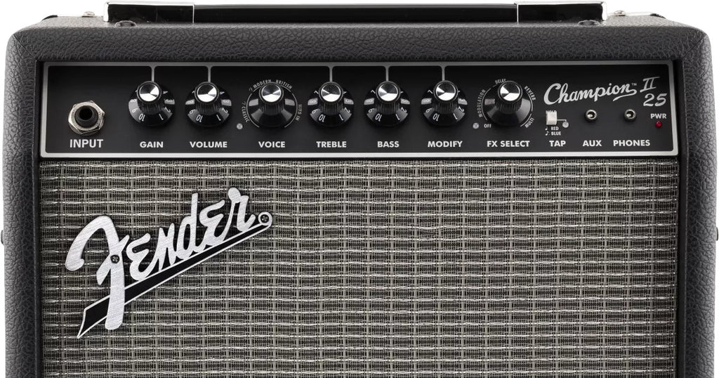 Fender Champion II 25 guitar amplifier with control knobs and branding.