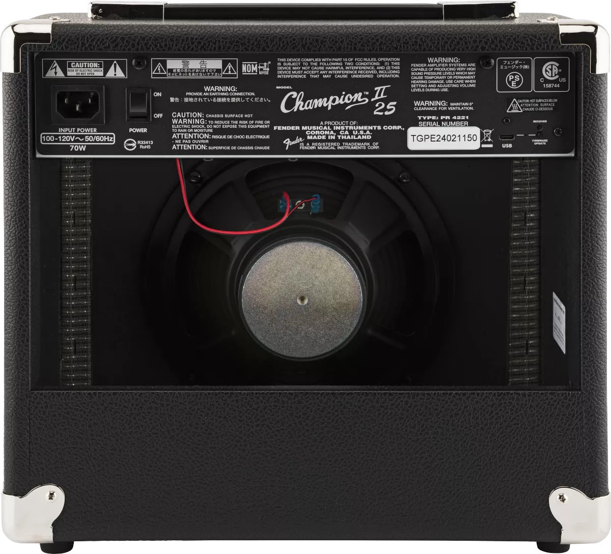 Back view of a Champion II 25 guitar amplifier with visible branding and specifications.