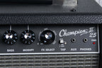 Close-up of a Champion II 25 guitar amplifier panel with control knobs and labels.