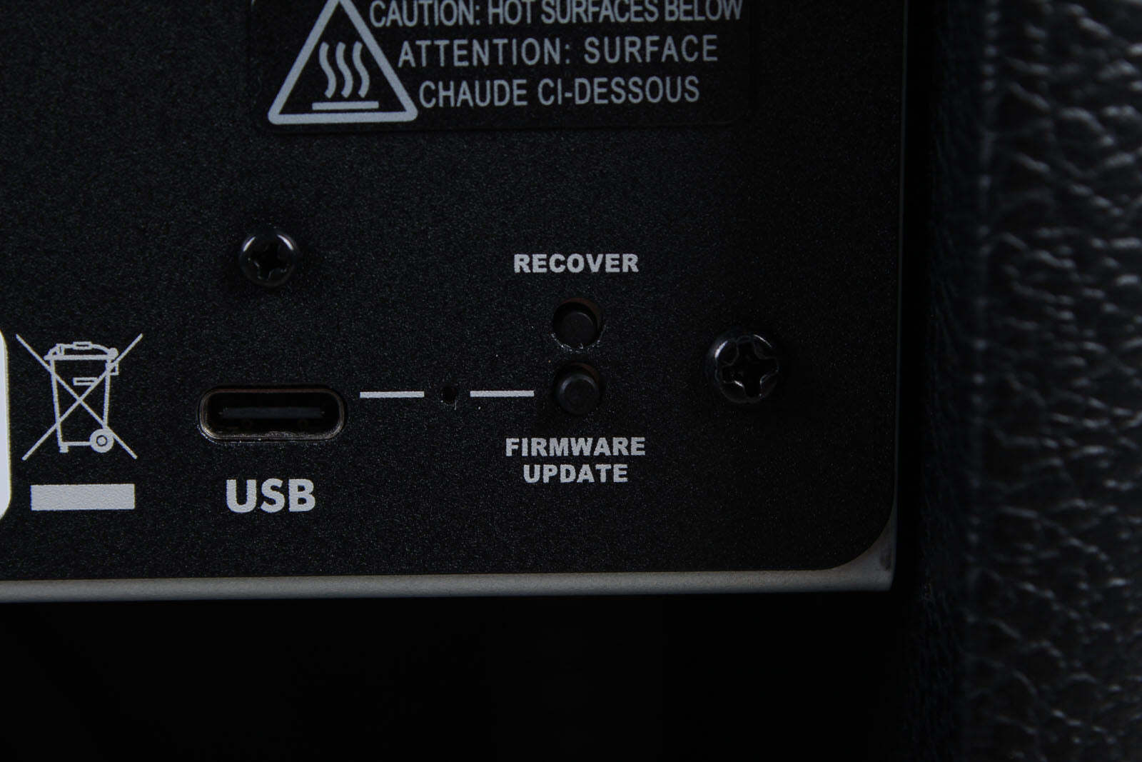 Back panel of electronic device with USB and recovery ports