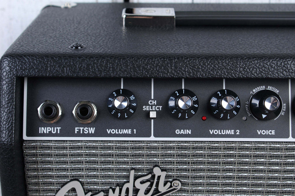 Fender guitar amplifier with control knobs and branding