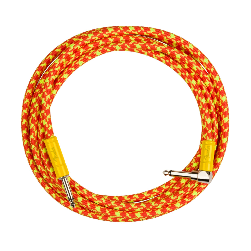 Colorful braided cable with gold connectors on a white background