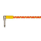 Guitar cable with red and yellow pattern on a white background