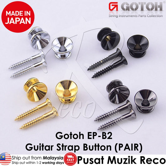 A set of two GOTOH EP-B2 guitar strap pins in chrome and gold colors, displayed with screws, against a white background with a 'MADE IN JAPAN' label.