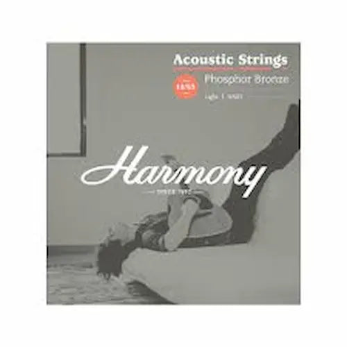 Acoustic Strings brand Harmony light 1 tenon string packaging, featuring a grayscale photo of a person lying on a bed with the text 'Acoustic Strings Phosphor Bronze' and 'Harmony'.