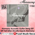Promotional graphic for a Harmony acoustic guitar string set, featuring a grayscale photo of a person playing a guitar inside a room, with pink border elements, 'MADE IN USA' badge, model number 1152, and distributor text in Malayalam.