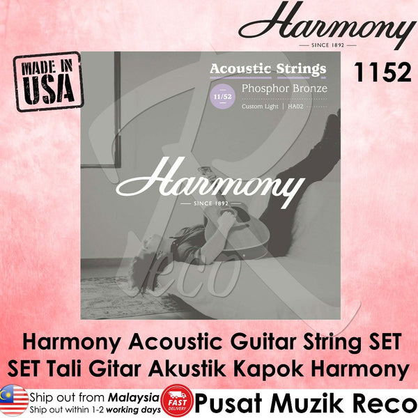 Promotional graphic for a Harmony acoustic guitar string set, featuring a grayscale photo of a person playing a guitar inside a room, with pink border elements, 'MADE IN USA' badge, model number 1152, and distributor text in Malayalam.