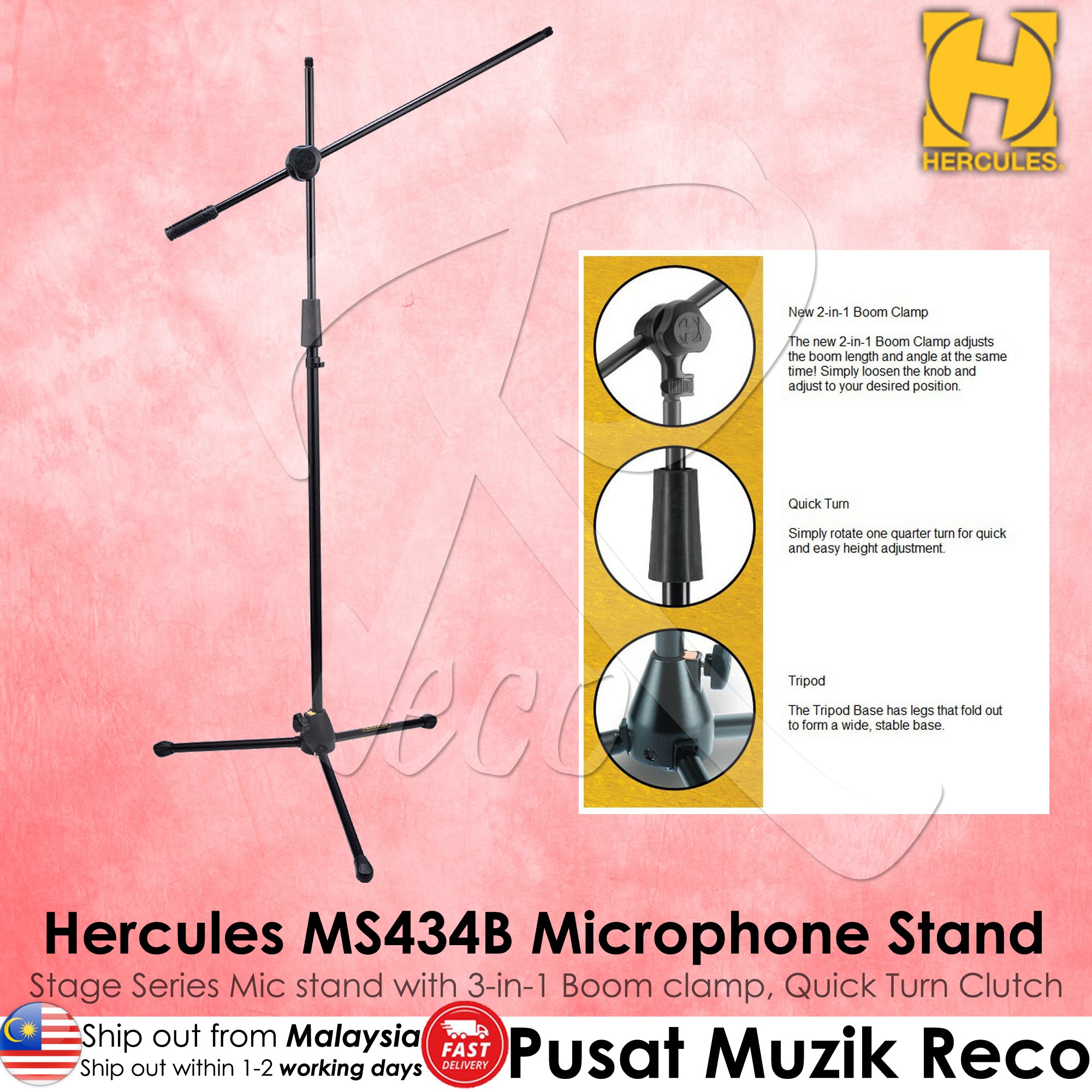 Hercules Stands MS434B Quick Turn Microphone Stand With Tripod And 3-in-1 Boom Mic Stand - Reco Music Malaysia