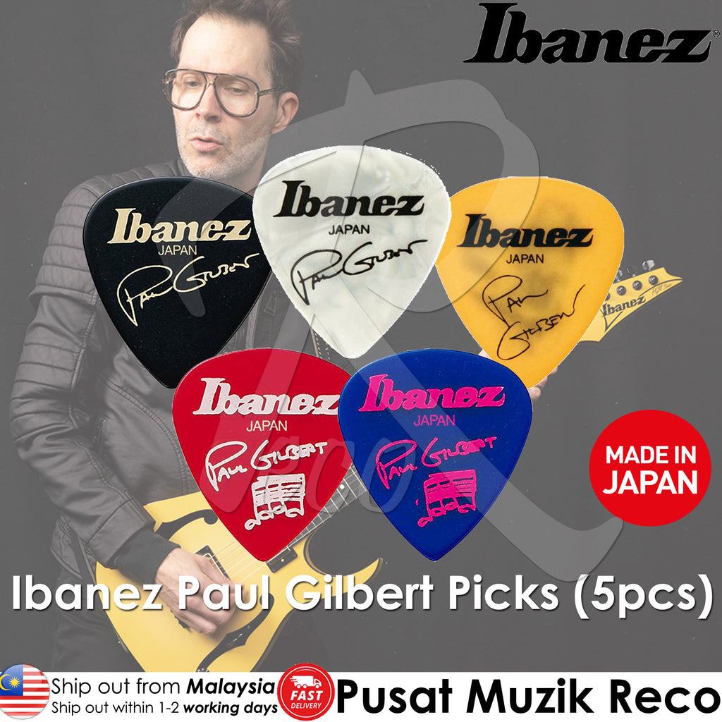 Ibanez guitar picks with a man holding a guitar, featuring the Ibanez brand.