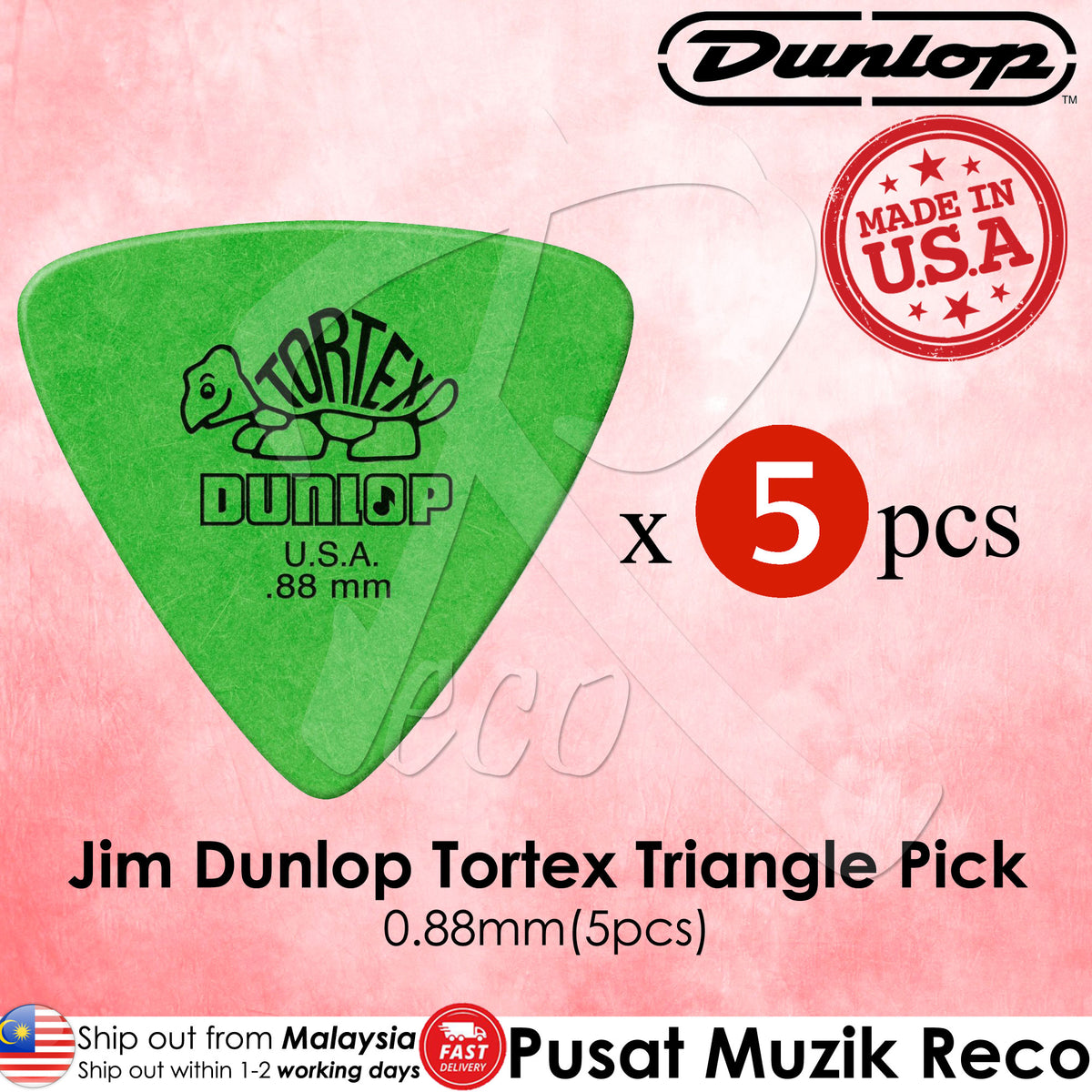 A pack of five green Jim Dunlop Tortex Triangle guitar picks, with the gauge marked as 0.88mm, displayed on a pink background.