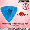 A pack of five blue Jim Dunlop Tortex Triangle guitar picks, with the Dunlop logo and 'Made in USA' text displayed prominently.