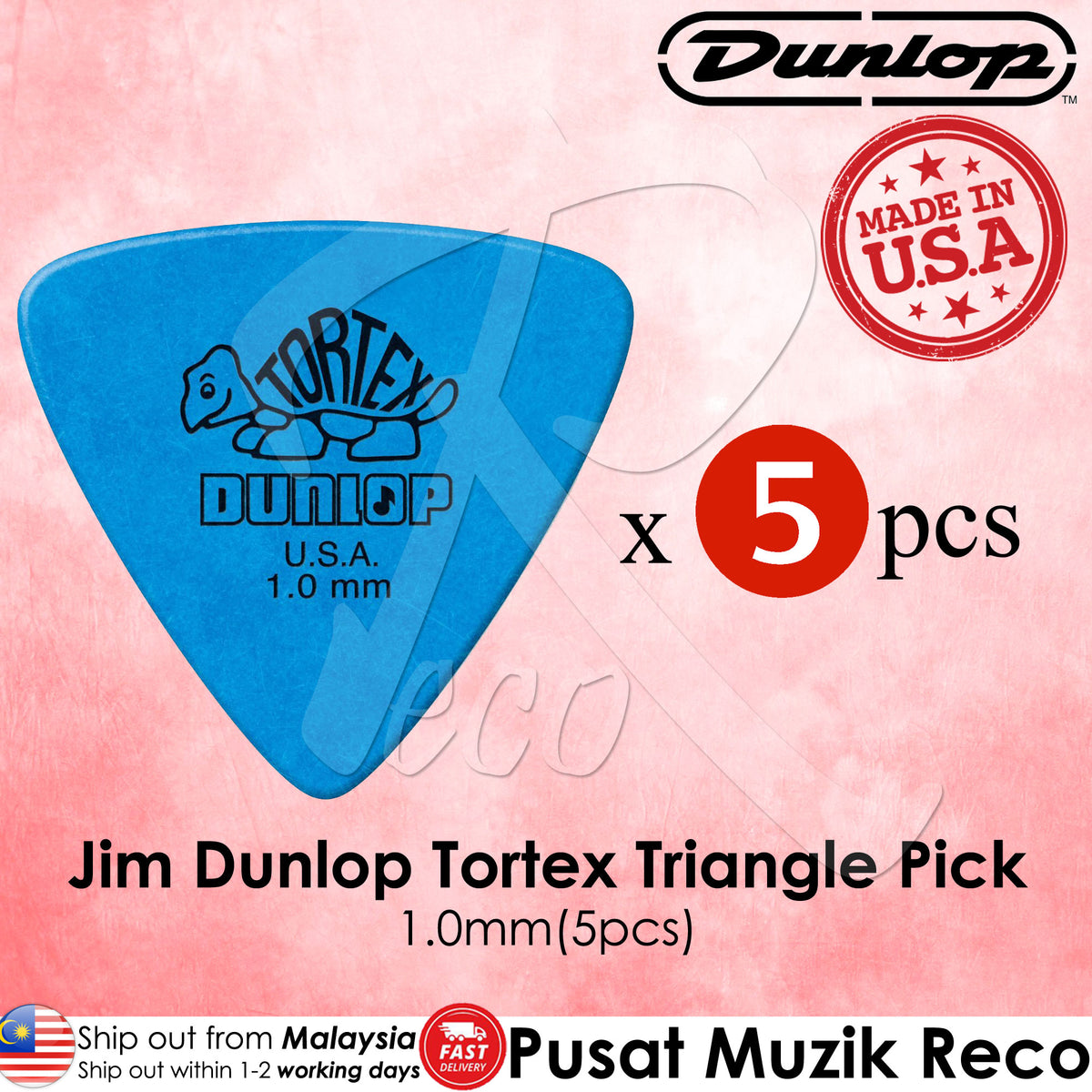 A pack of five blue Jim Dunlop Tortex Triangle guitar picks, with the Dunlop logo and 'Made in USA' text displayed prominently.