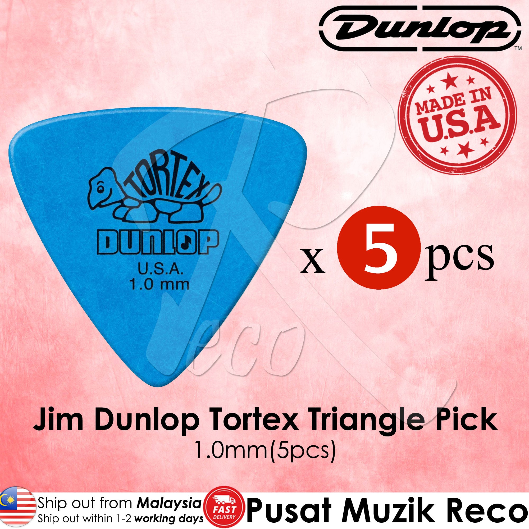 A pack of five blue Jim Dunlop Tortex Triangle guitar picks, with the Dunlop logo and 'Made in USA' text displayed prominently.