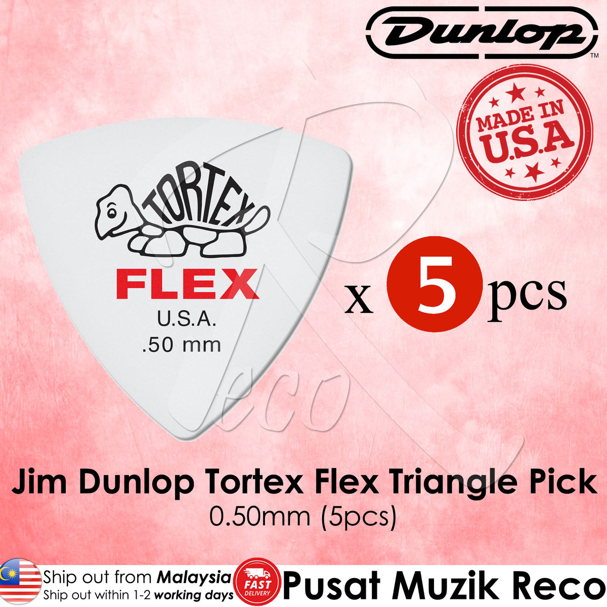 Pack of five white Dunlop Tortex Flex triangle guitar picks, marked with the Dunlop logo and the text 'FLEX', indicating flexibility and warmth. The gauge is 0.