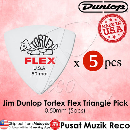 Pack of five white Dunlop Tortex Flex triangle guitar picks, marked with the Dunlop logo and the text 'FLEX', indicating flexibility and warmth. The gauge is 0.