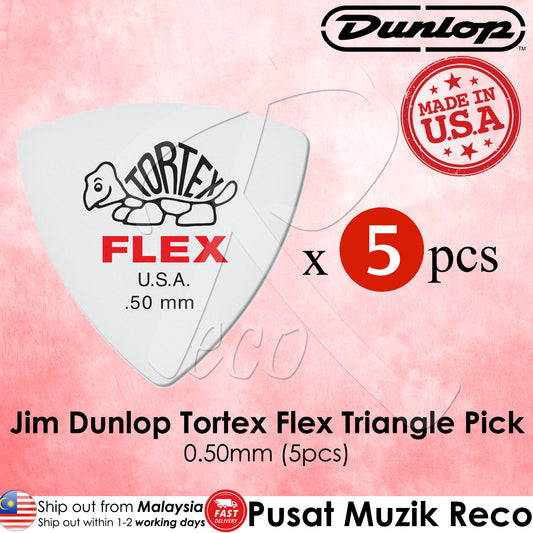 Pack of five white Dunlop Tortex Flex triangle guitar picks, marked with the Dunlop logo and the text 'FLEX', indicating flexibility and warmth. The gauge is 0.