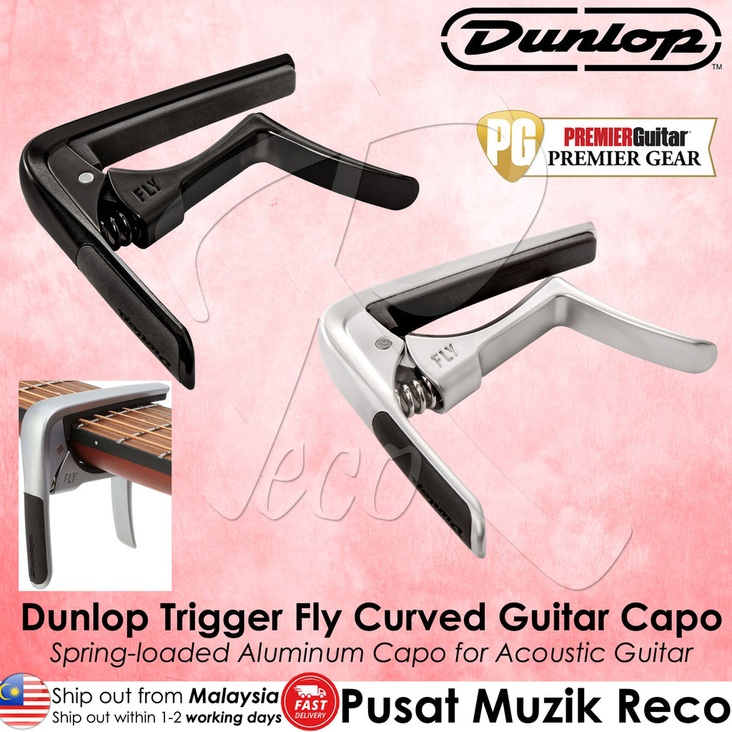 Dunlop Trigger Fly Curved Guitar Capo, spring-loaded aluminum capo for acoustic guitar, displayed in black and silver colors.
