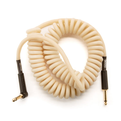 Coiled beige audio cable with black connectors on a white background