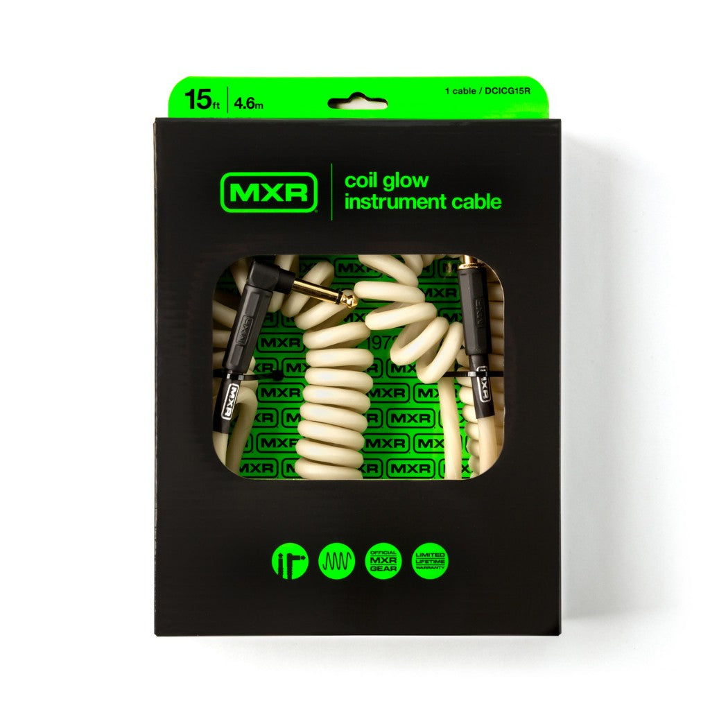 MXR coil glow instrument cable packaging with green accents on a white background