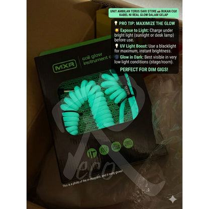 Glowing earbuds in packaging with MXR branding on a dark background