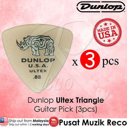 Packaging of Dunlop Ultex Triangle Guitar Picks featuring three picks in yellow color with the text 'Dunlop Ultex', pick gauge size '.60', and the statement 'Made in USA'.