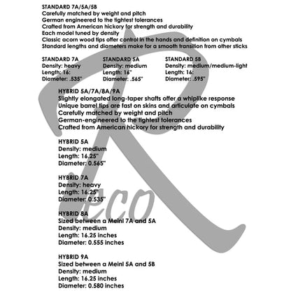 A text-based product information chart showing specifications for Standard 7A/5A/5B and Hybrid 5A/7A/8A/9A cymbals, including density, length, and diameter, with a large diagonal watermark across the center.