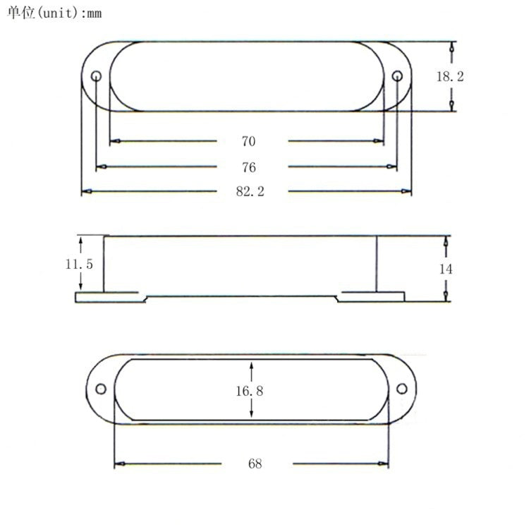 Technical dimension drawing of an oval-shaped hardware component with three orthographic views, showing measurements in millimeters including 70, 76, 82.2, 11.
