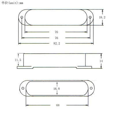 Technical dimension drawing of an oval-shaped hardware component with three orthographic views, showing measurements in millimeters including 70, 76, 82.2, 11.