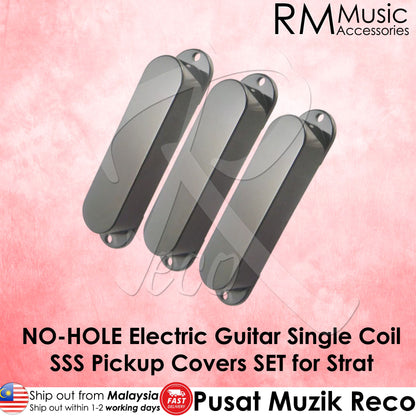 Three glossy black no-hole electric guitar single coil SSS pickup covers arranged diagonally on a pink textured background, with RM Music Accessories branding and product text overlays.