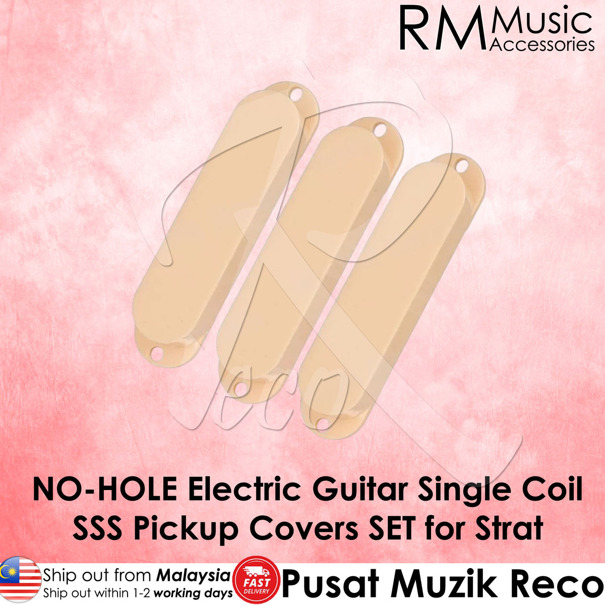 Three beige no-hole electric guitar single coil SSS pickup covers for a Stratocaster, shown on a pink textured background with RM Music Accessories branding and shipping information.