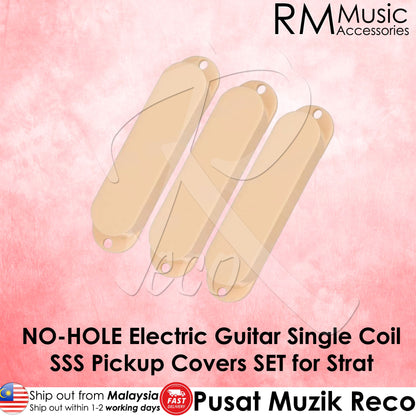 Three beige no-hole electric guitar single coil SSS pickup covers for a Stratocaster, shown on a pink textured background with RM Music Accessories branding and shipping information.