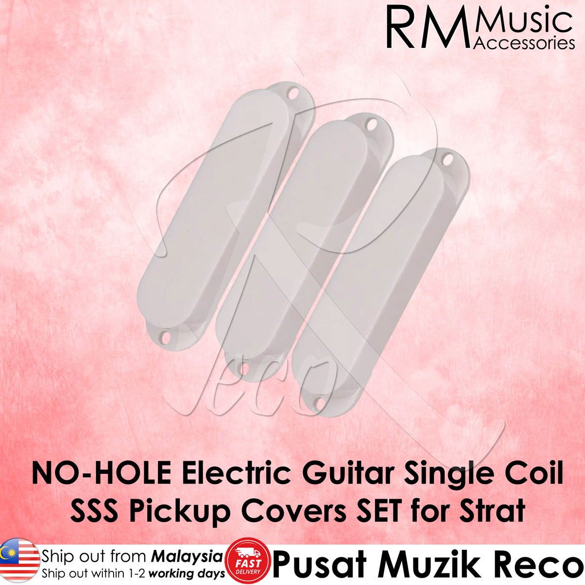 Three white no-hole electric guitar single coil SSS pickup covers shown on a pink textured background with RM Music Accessories branding and product text.
