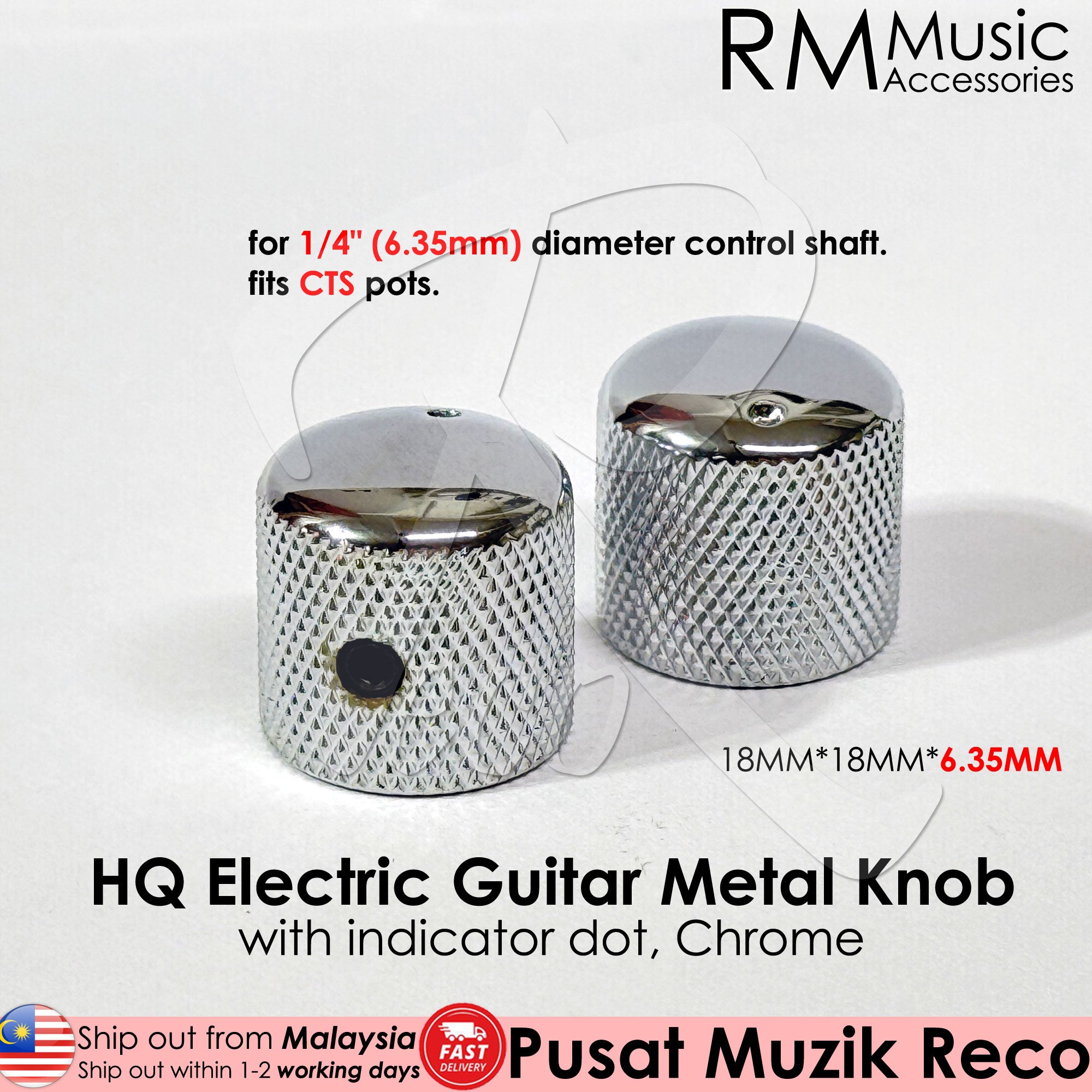 RM HQ CTS Metal Knob 6.35mm Diameter Pot Shaft Volume Tone Control Knob - Reco Music Malaysia