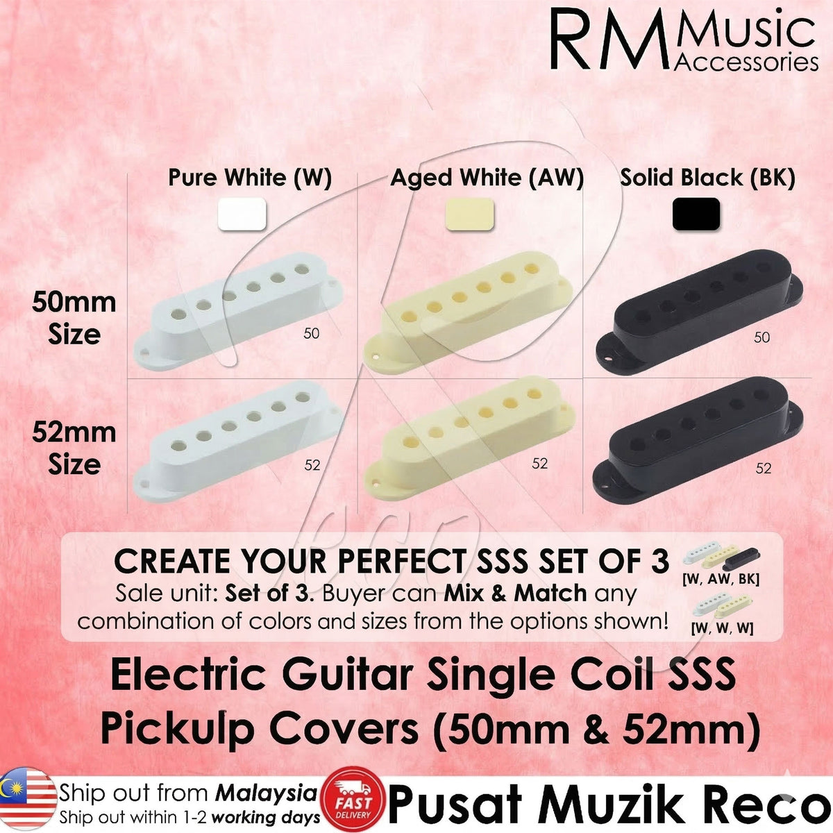 A product information graphic for RM Music Accessories showing electric guitar single coil SSS pickup covers in three color options: Pure White (W), Aged White (AW), and Solid Black (BK). The graphic displays both 50mm and 52mm sizes with corresponding color swatches and model numbers 50 and 52.